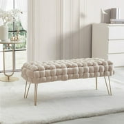 Ornavo Home Mirage Modern Contemporary Woven Upholstered Velvet Long Bench Ottoman with Gold Metal Legs Cream