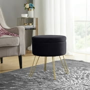 Ornavo Home Modern Round Velvet Storage Ottoman Foot Rest Stool/Seat with Gold Metal Legs & Tray Top Coffee Table - Black