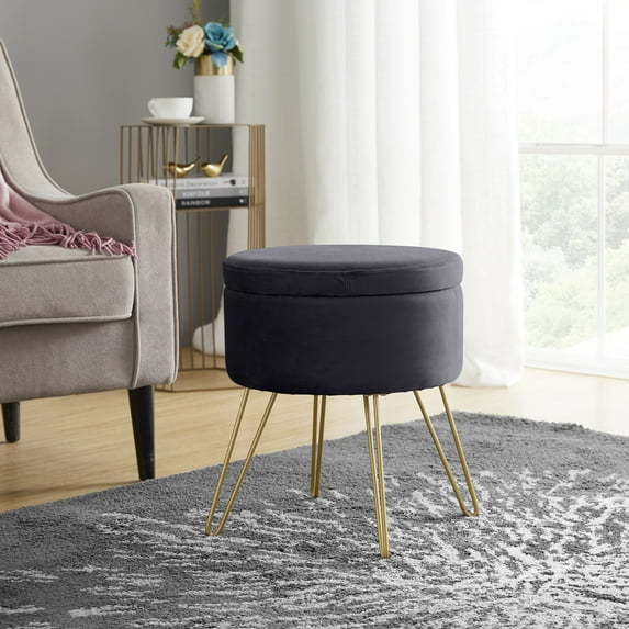 Ornavo Home Modern Round Velvet Storage Ottoman Foot Rest Stool/Seat with Gold Metal Legs & Tray Top Coffee Table - Grey