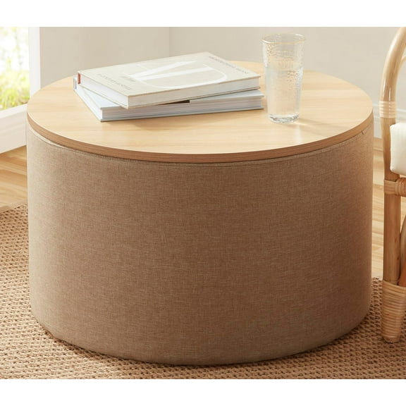 Ornavo Home Parker Large Round Storage Coffee Table Ottoman with Wooden Lift Off Lid, Ottoman with Storage for Living Room, Bedroom and Office, Linen Beige