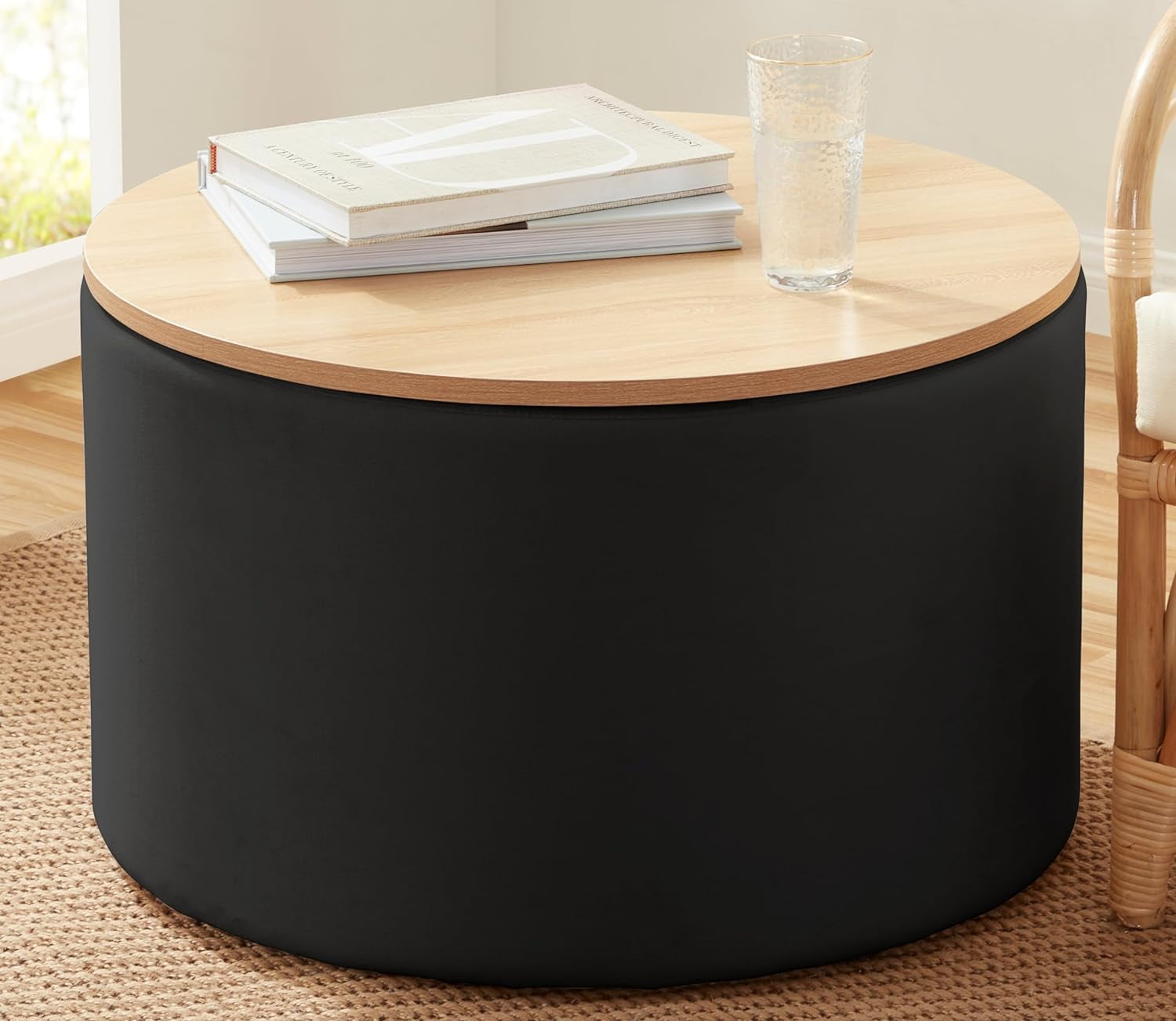 Ornavo Home Parker Large Round Storage Coffee Table Ottoman with Wooden