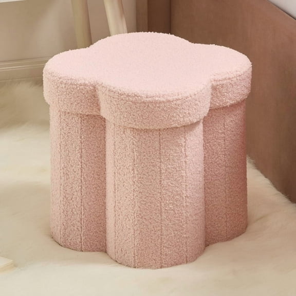Ornavo Home Pink Boucle Storage Ottoman Cube – Flower-Shaped Footstool with Hidden Storage, Faux Teddy Fur Foot Rest for Living Room, Bedroom & Dorm, 12" Inch