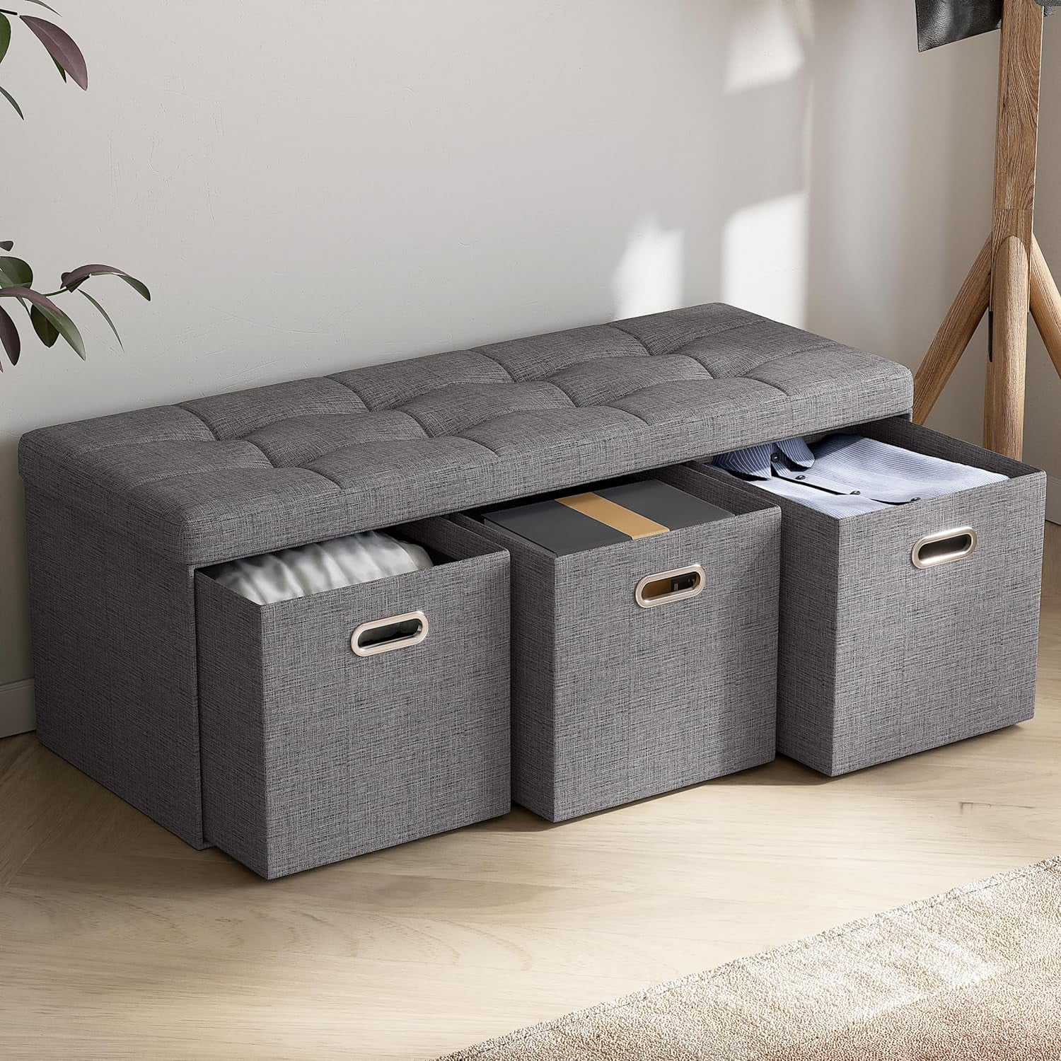 Ornavo Home Storage Ottoman with 3 Drawers, 40 Inches Long Foldable ...