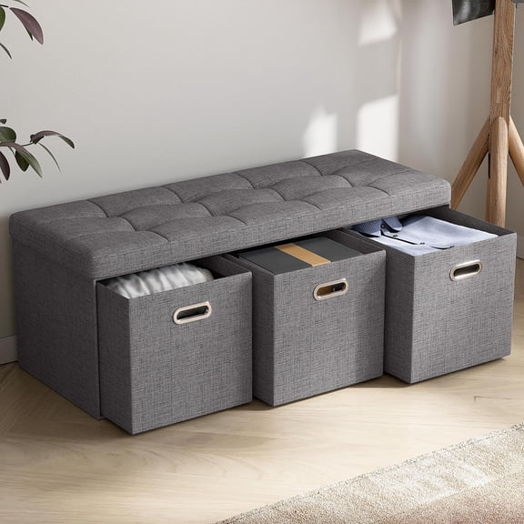 Ornavo Home Storage Ottoman with 3 Drawers, 40 Inches Long Foldable Tufted Linen Large  Ottoman with Storage, Foot Rest Stool Seat, for Living Room, Bedroom, Entryway, Dark Gray