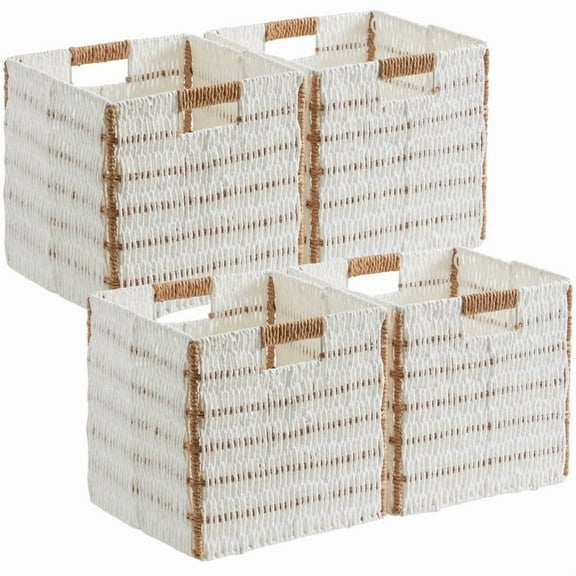Ornavo Home Wicker Storage Cubes Bin, 10.5 Inch Storage Shelf Basket Collapsible Natural Hand Woven Paper Storage Cube Bin with Handles - Set of 4, White/Brown