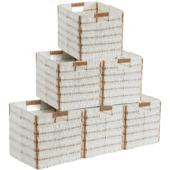 Ornavo Home Wicker Storage Cubes Bin, 10.5 Inch Storage Shelf Basket Collapsible Natural Hand Woven Paper Storage Cube Bin with Handles - Set of 6, White/Brown