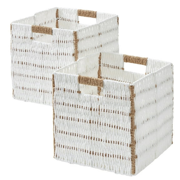 Ornavo Home Wicker Storage Cubes Bin, 13 x 13 Inch Storage Cubes Shelf Basket Collapsible Natural Hand Woven Paper Kallax Storage Cube Bin with Handles - Set of 2, White/Brown