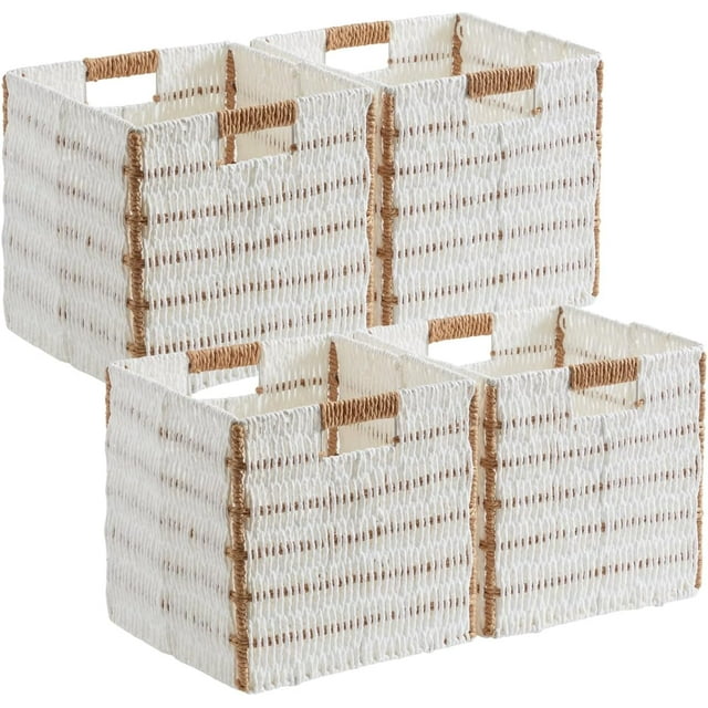 Ornavo Home Wicker Storage Cubes Bin, 13 x 13 Inch Storage Cubes Shelf Basket Collapsible Natural Hand Woven Paper Kallax Storage Cube Bin with Handles - Set of 4, White/Brown