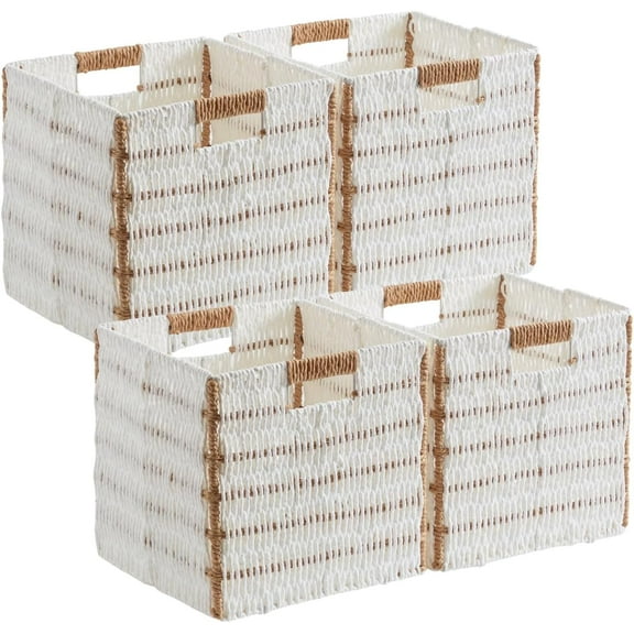 Ornavo Home Wicker Storage Cubes Bin, 13 x 13 Inch Storage Cubes Shelf Basket Collapsible Natural Hand Woven Paper Kallax Storage Cube Bin with Handles - Set of 4, White/Brown