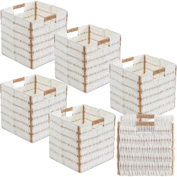 Ornavo Home Wicker Storage Cubes Bin, 13 x 13 Inch Storage Cubes Shelf Basket Collapsible Natural Hand Woven Paper Kallax Storage Cube Bin with Handles - Set of 6, White/Brown