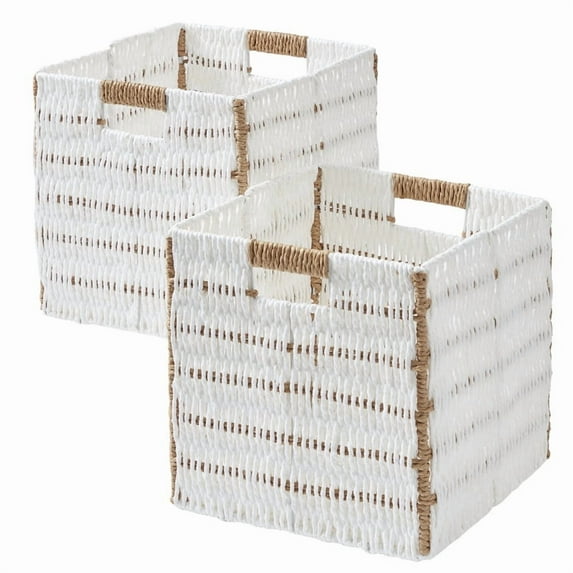 Ornavo Home Wicker Storage Cubes Bin, 9 Inch Storage Shelf Basket Collapsible Natural Hand Woven Paper Storage Cube Bin with Handles - Set of 2, White/Brown