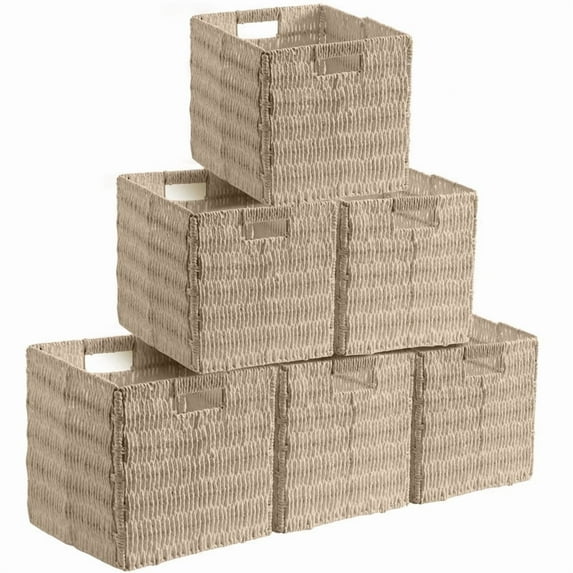 Ornavo Home Wicker Storage Cubes Bin, 9 Inch Storage Shelf Basket Collapsible Natural Hand Woven Paper Storage Cube Bin with Handles - Set of 6, Beige
