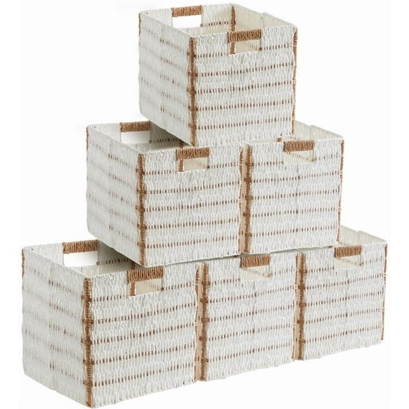 Ornavo Home Wicker Storage Cubes Bin, 9 Inch Storage Shelf Basket Collapsible Natural Hand Woven Paper Storage Cube Bin with Handles - Set of 6, White/Brown