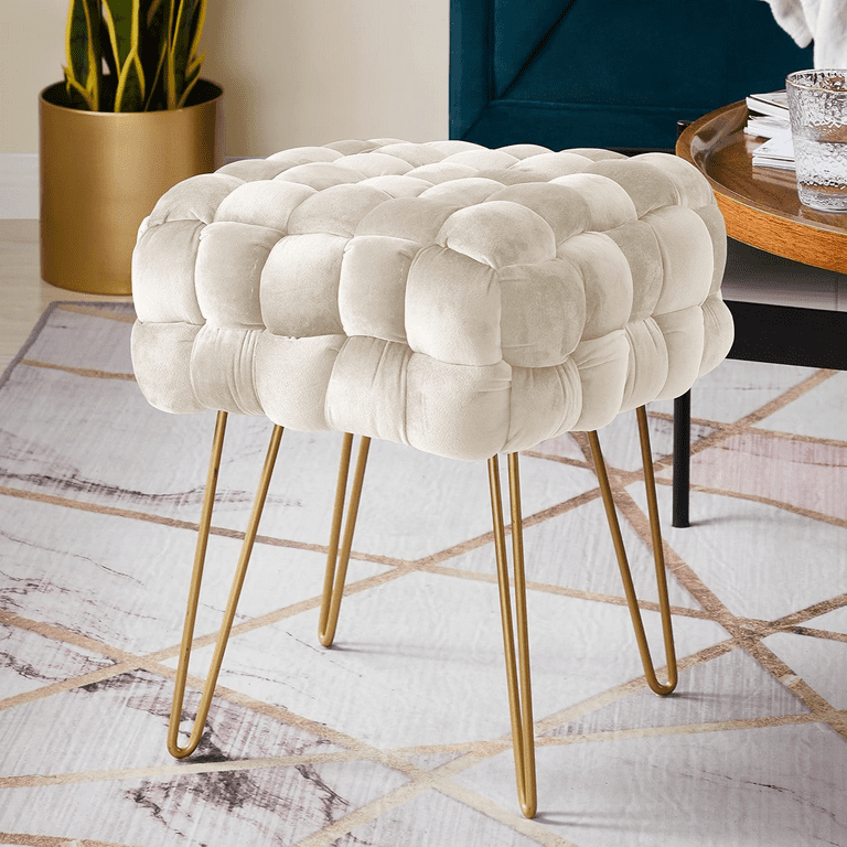 Ornavo Modern Velvet Vanity Stool Square Ottoman Foot Rest Stool Seat with Gold Metal Legs Cream Walmart