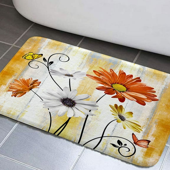 Oroange Daisy Floral Bathroom Rugs, Farm Rustic Farmhouse and Butterfly on Country Wooden Bathroom Rugs Set, Orange Yellow Daisy Floral Bathroom Rug Mat 17x29inch, Extra Soft and Absorbent Bath Rugs