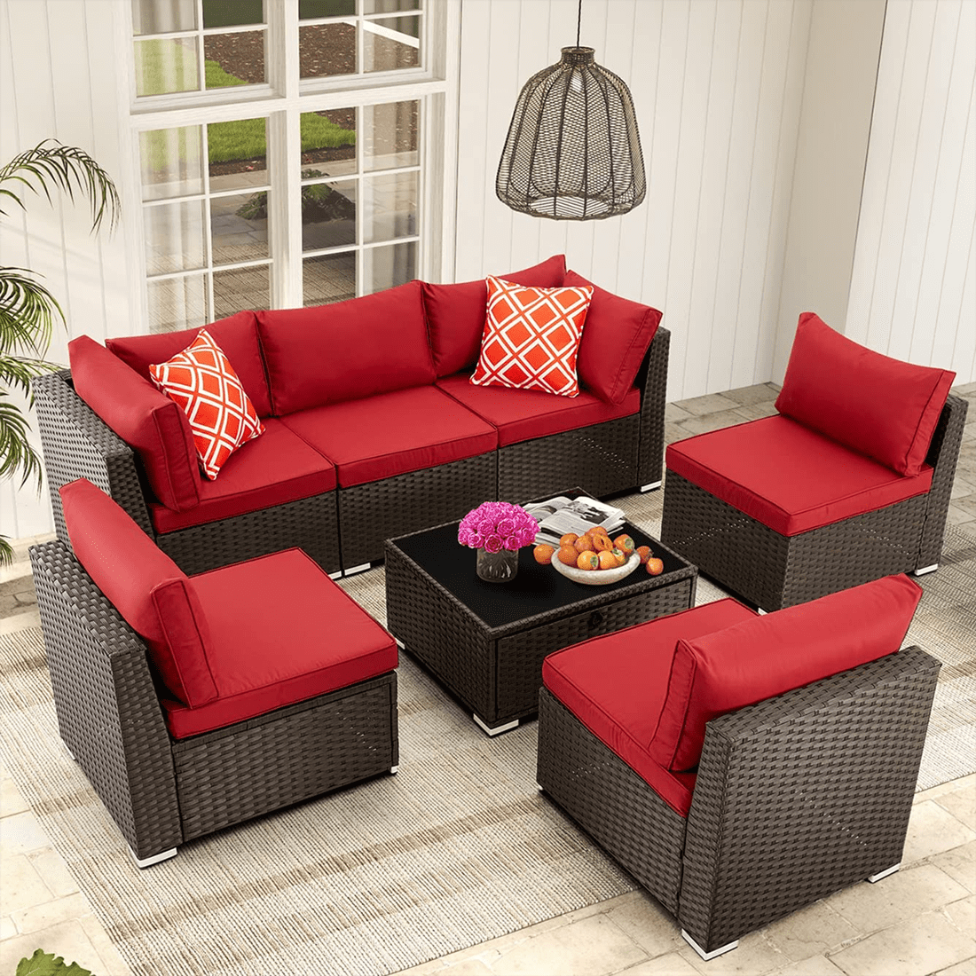 Orol 7-Piece Outdoor Sectional Wicker Patio Furniture Conversation Sofa Set, Wine Red