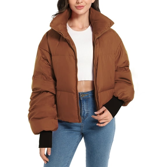 Orolay Women's Puffer Jacket Winter Puffer Jacket Long Sleeve Zipper Short Down Coat with Pockets Coffee M