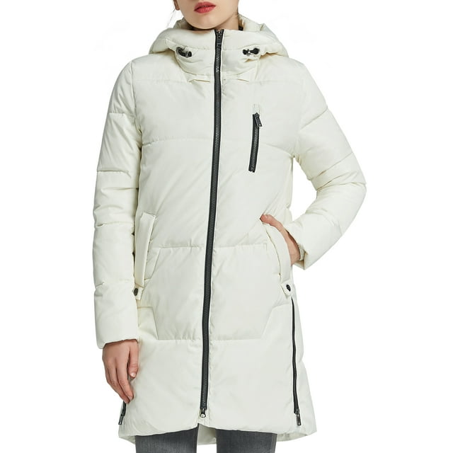 Orolay Women's Quilted Down Jacket Winter Down Coat Parka Coat with Hood Mid Lrngth Down Parka White XS
