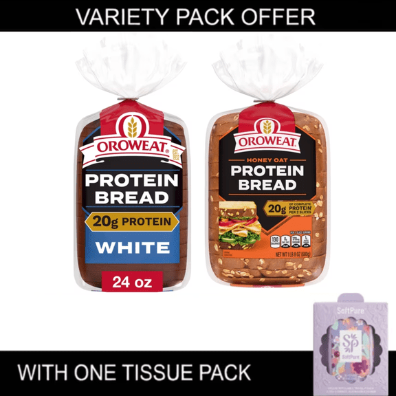 Oroweat High Protein Honey Oat & White Bread, 24 oz Soft & Fluffy Bread with 20g Complete Protein per 2 Slices, Honey Oat Flavor, Includes One Tissue Pack