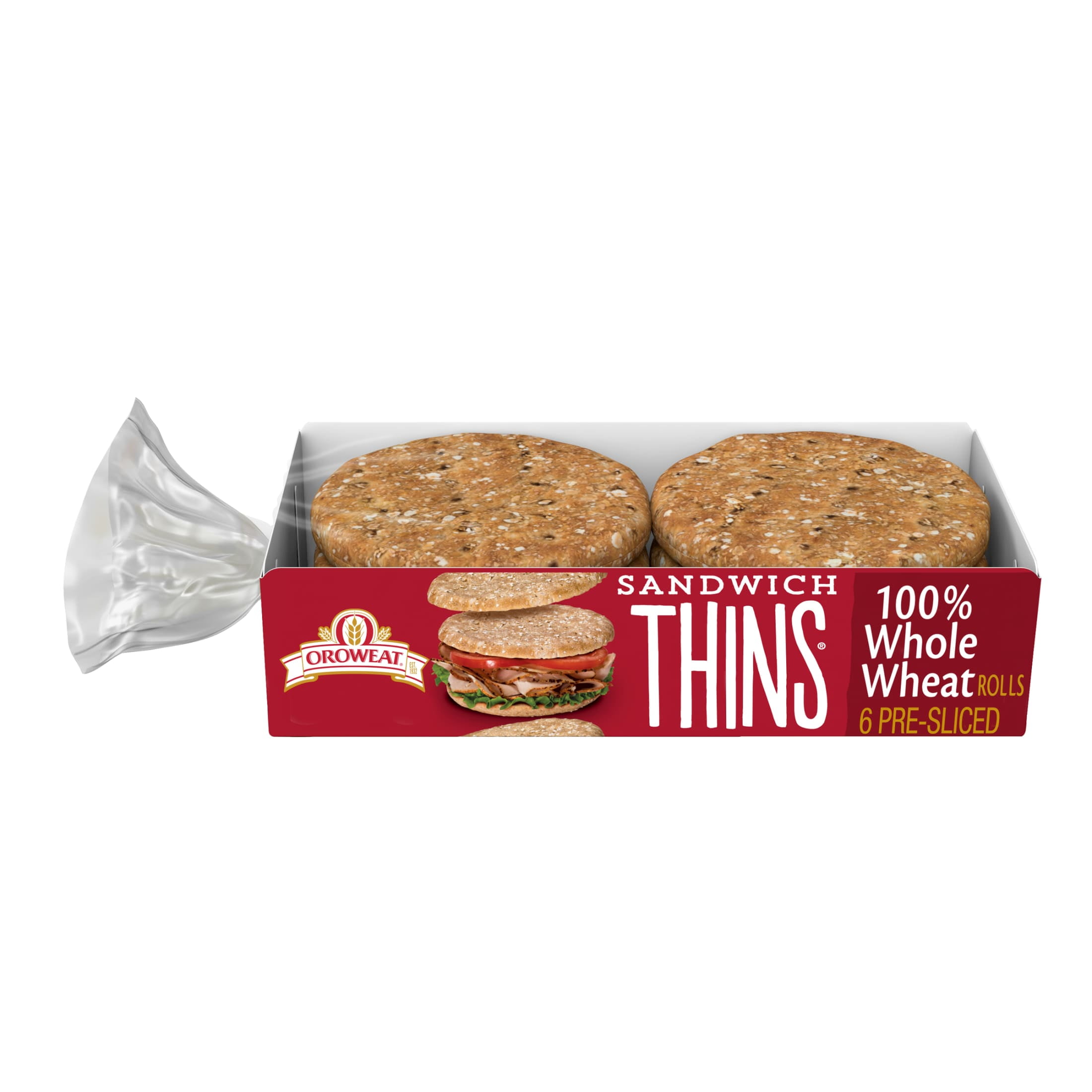 Oroweat Sandwich Thins Whole Wheat Rolls, 6 count, Pre-sliced Sandwich Thins, 12 oz Bag