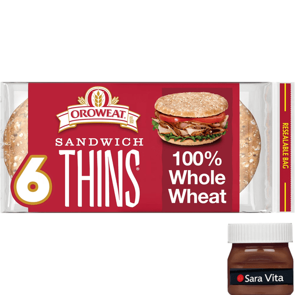Oroweat Sandwich Thins Whole Wheat Rolls, 6 count, Pre-sliced Sandwich Thins, 12 oz Bag