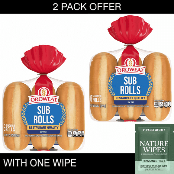 Oroweat Sub Rolls White Sandwich Rolls, 15 oz (2 PACK) with Wipe
