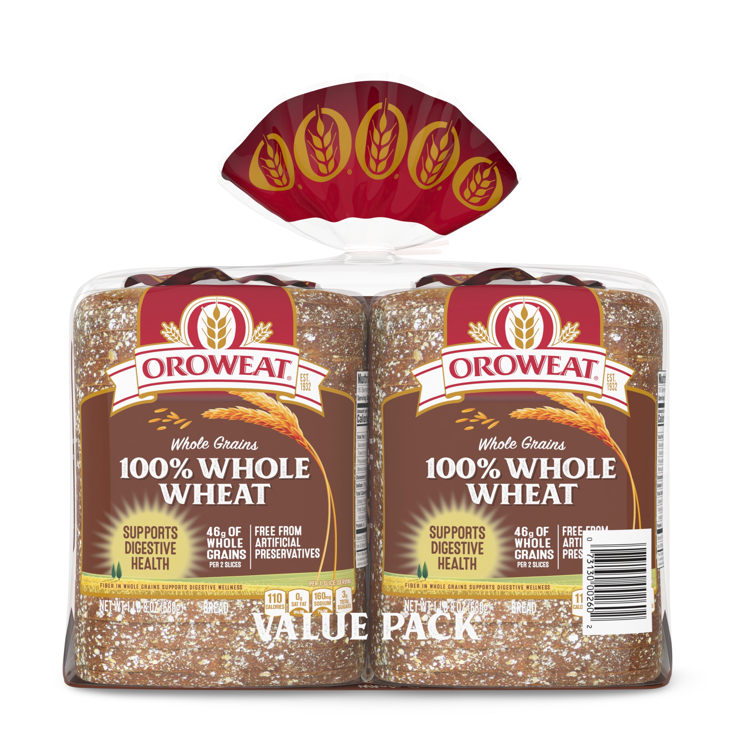 Oroweat Whole Grains 100% Whole Wheat Bread, Twin Pack, 48 oz