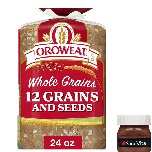 Oroweat Whole Grains 12 Grains and Seeds Bread, 24 oz, Multigrain Bread, Bag