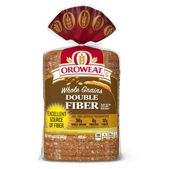 Oroweat Whole Grains Double Fiber Bread, 24 oz, Wheat Bread, Bag