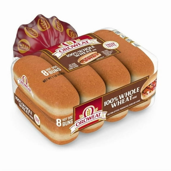 Oroweat Whole Wheat Hot Dog Buns, 8 count, Hot Dog Buns, 16 oz Bag (Pack of 4)