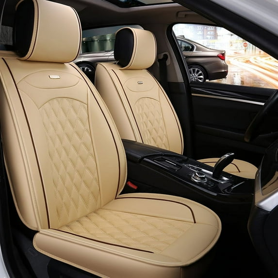 Oroyalcars Virant Plaid Pattern Leatherette Car Seat Cover for Sedans, SUV and Pickup, Full Set, Universal Fit, Beige