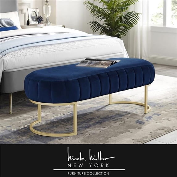 Posh Living Nicole Miller Orpheus Modern Velvet Bench in Navy Blue/Gold