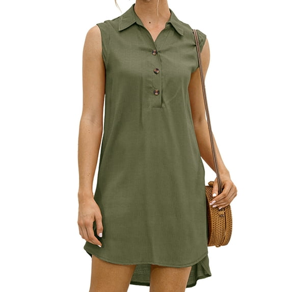 Orqqct Women Button Hem Lapel Neck Shirt Dress Sleeveless Baggy Casual Mini Dress