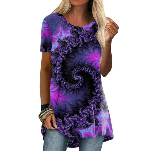Orqqct Women Over Print Short Sleeve Round Neck Casual T-shirt