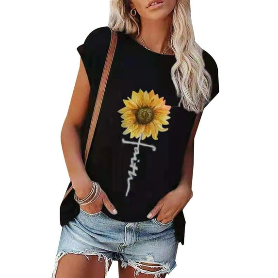 Orqqct Women Sunflower Print Round Neck Short Sleeve Baggy T-Shirt