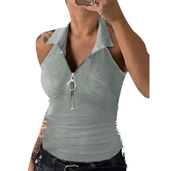 Orqqct Women Zipper Lapel Neck Sleeveless Casual Skinny Tank Tops