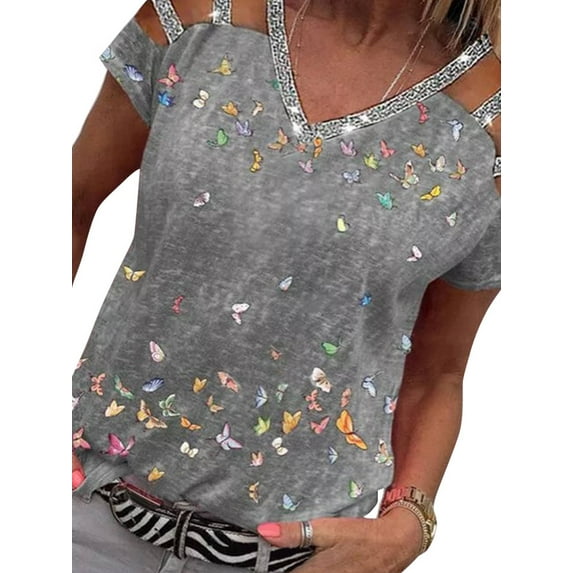 Orqqct Women's Butterfly Print Open Shoulder Hollow Short Sleeve T-shirt V-Neck Casual Tops
