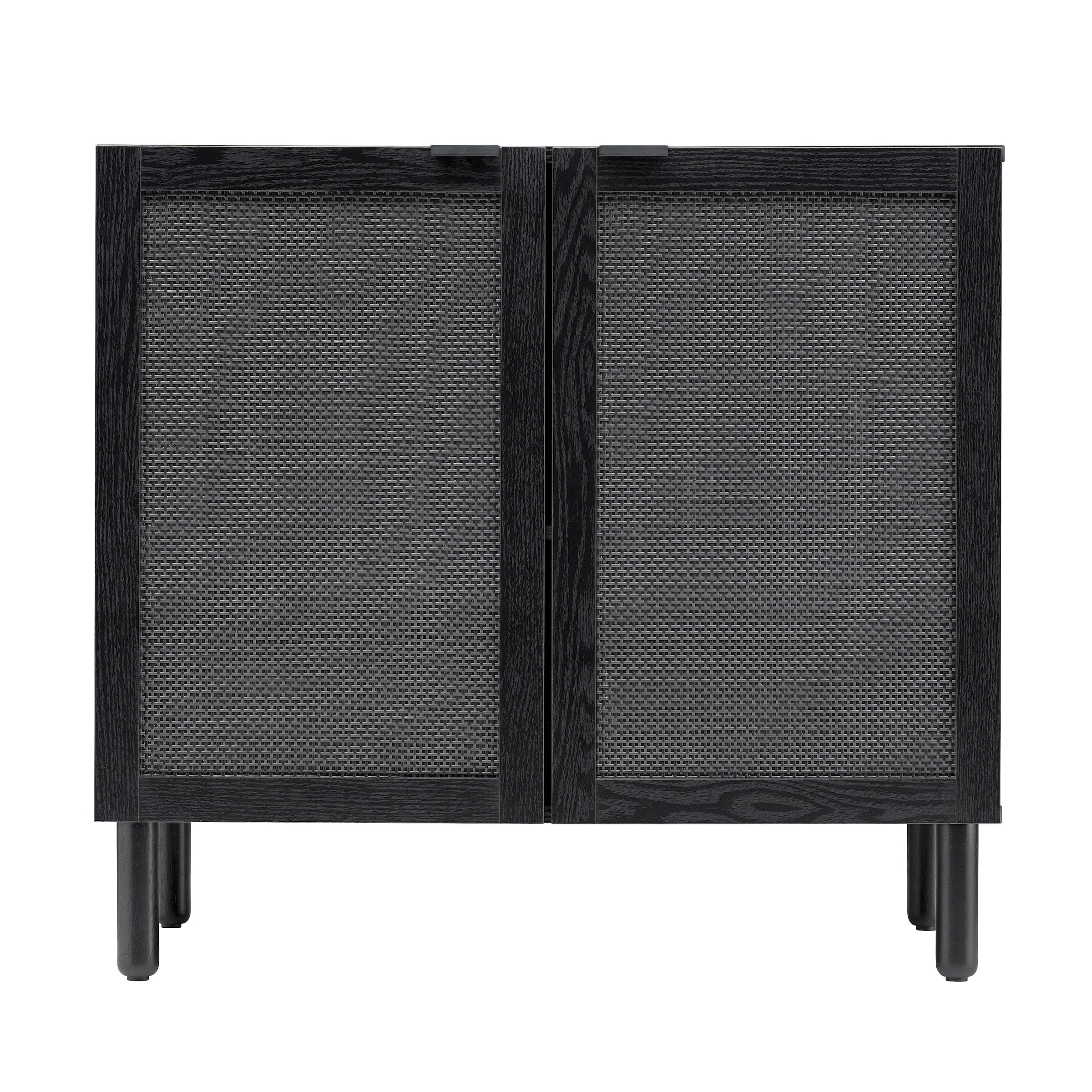 Black Solid Wood Freestanding Cabinet with Adjustable Shelving and Rattan Doors