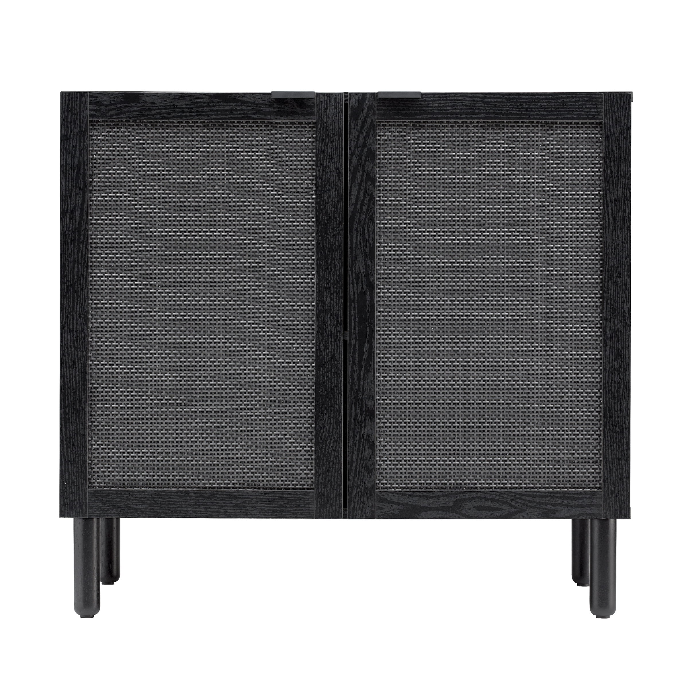 Black Solid Wood Freestanding Cabinet with Adjustable Shelving and Rattan Doors