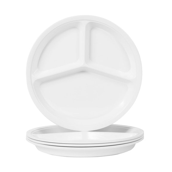 Orrhomi 10" Portion Control Plates, 4 Pcs Melamine Divided Plates with 3 Sections, Round Plastic Dinner Diet Plates for Balanced Meals and Weight Loss Sectioned Plate, Solid White