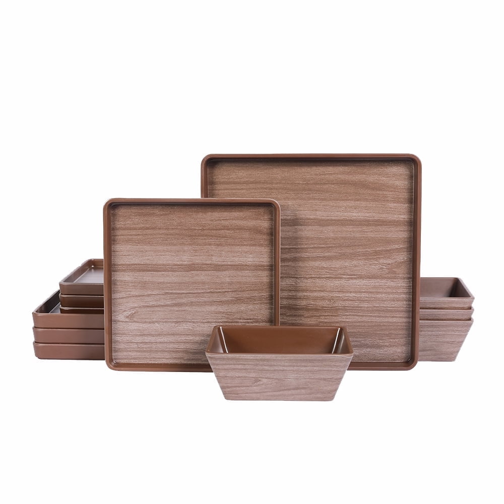 Orrhomi 12-Piece Melamine Dinnerware Sets Brown Wood Design Set