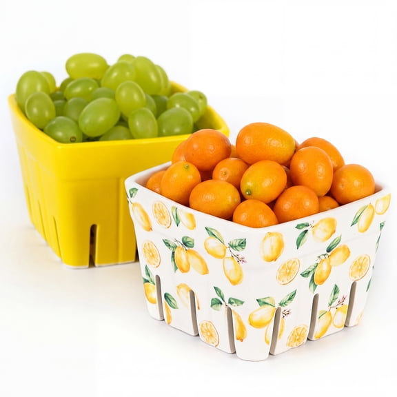 Orrhomi 2 Pack Ceramic Berry Basket Set - 4.7 Inch Lemon & Solid Yellow Fruit Colander Bowls with Drain Holes - Farmhouse Summer Stylish Baskets for Washing Storing Berries, Kitchen Decor