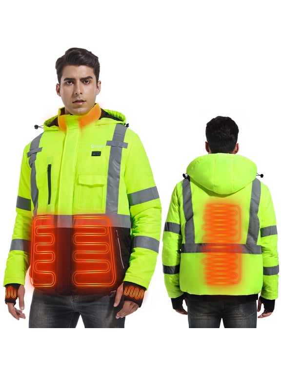Men's Heated Work Jacket with Battery Pack Included, 6-Zone Hi-Vis Winter Coat with Reflective Stripes, Waterproof Safety Workwear