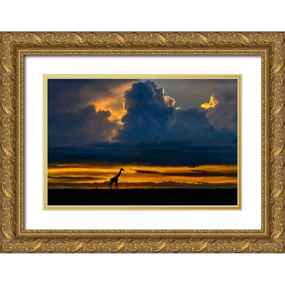 Ortega, Xavier 24x17 Gold Ornate Wood Framed with Double Matting Museum Art Print Titled - Giraffe At Sunset