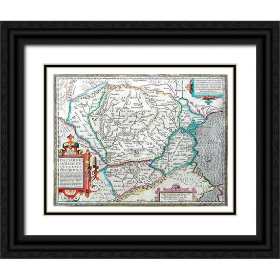 Ortelius 14x12 Black Ornate Wood Framed with Double Matting Museum Art Print Titled - Europe Dacia Moesia - Ortelius 1570