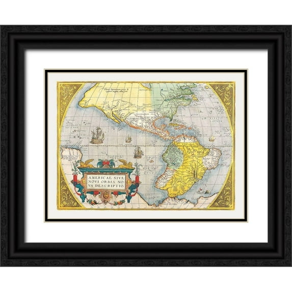 Ortelius 18x14 Black Ornate Wood Framed with Double Matting Museum Art Print Titled - North South America - Ortelius 1570