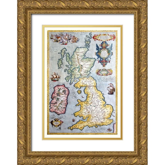 Ortelius 18x24 Gold Ornate Wood Framed with Double Matting Museum Art Print Titled - Ancient British Isles - Ortelius 1590