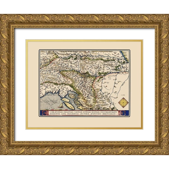 Ortelius 24x19 Gold Ornate Wood Framed with Double Matting Museum Art Print Titled - Adriatic Eastern Region - Ortelius 1570