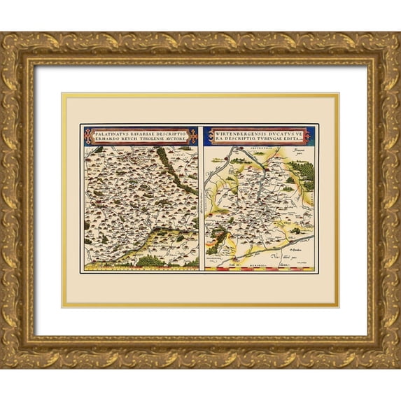 Ortelius 24x19 Gold Ornate Wood Framed with Double Matting Museum Art Print Titled - Bavaria Baden Wurttemberg Regions Germany