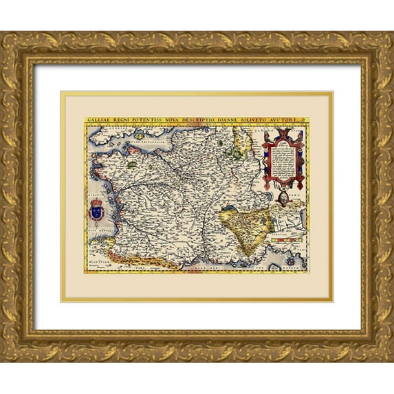 Ortelius 24x19 Gold Ornate Wood Framed with Double Matting Museum Art Print Titled - Gaul France - Ortelius 1579